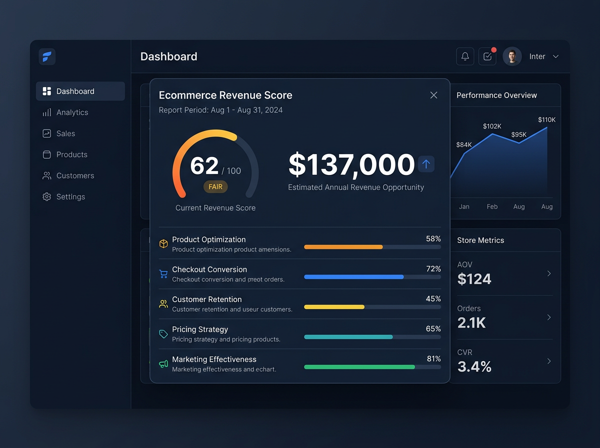 Ecommerce Revenue Score report mockup showing current score and $137,000 estimated annual revenue opportunity